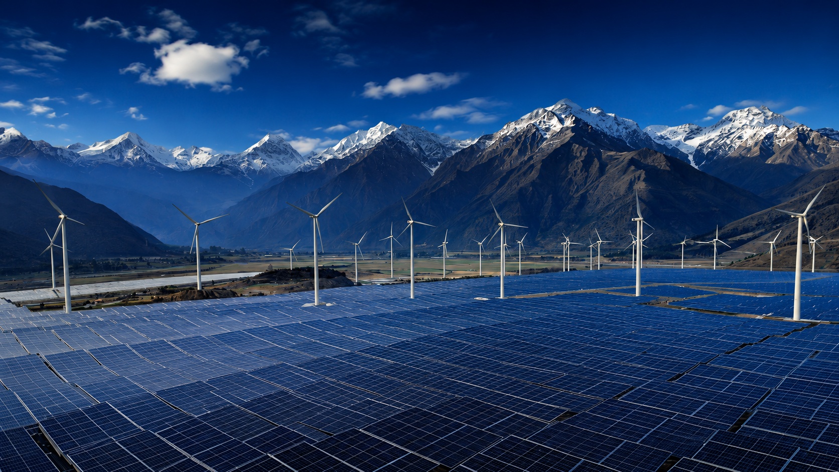 Solar panels and wind turbines in the Himalayan foothills at sunrise